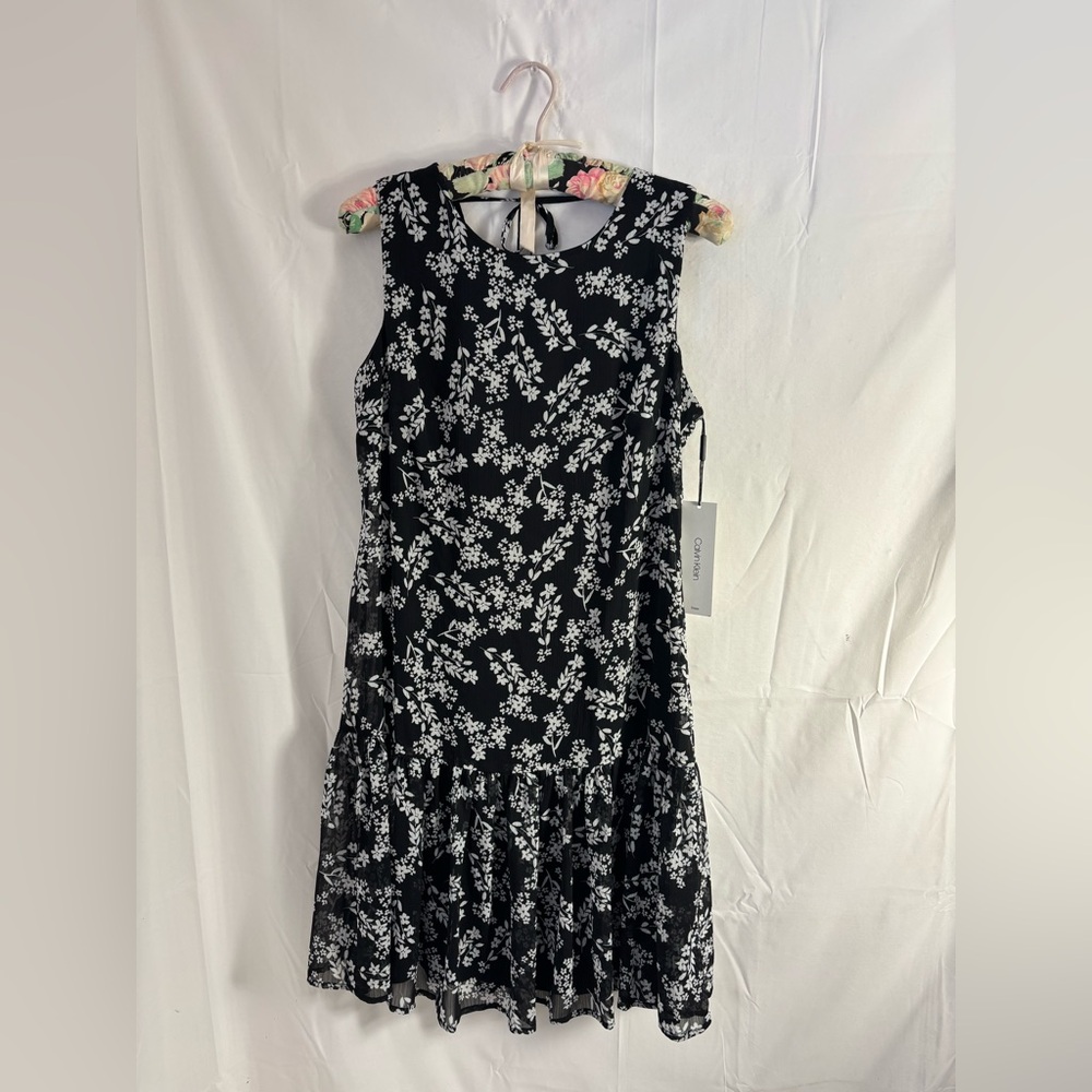 NWT Black+White Floral Ruffle Hem Tie Back Feminine Boho Spring Dress Size‎ M